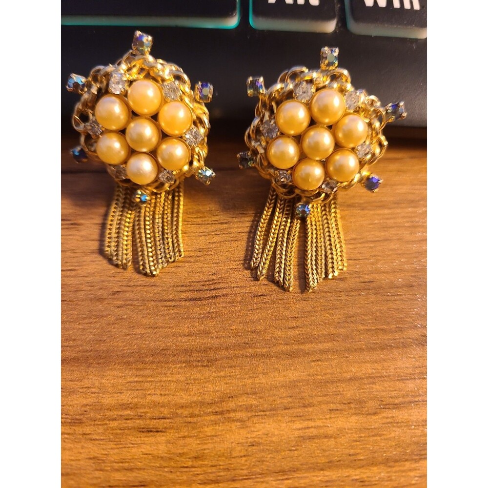 Vintage Signed Hobe Clip On Earrings Rhinestone Cluster Faux Pearl Gold Tone